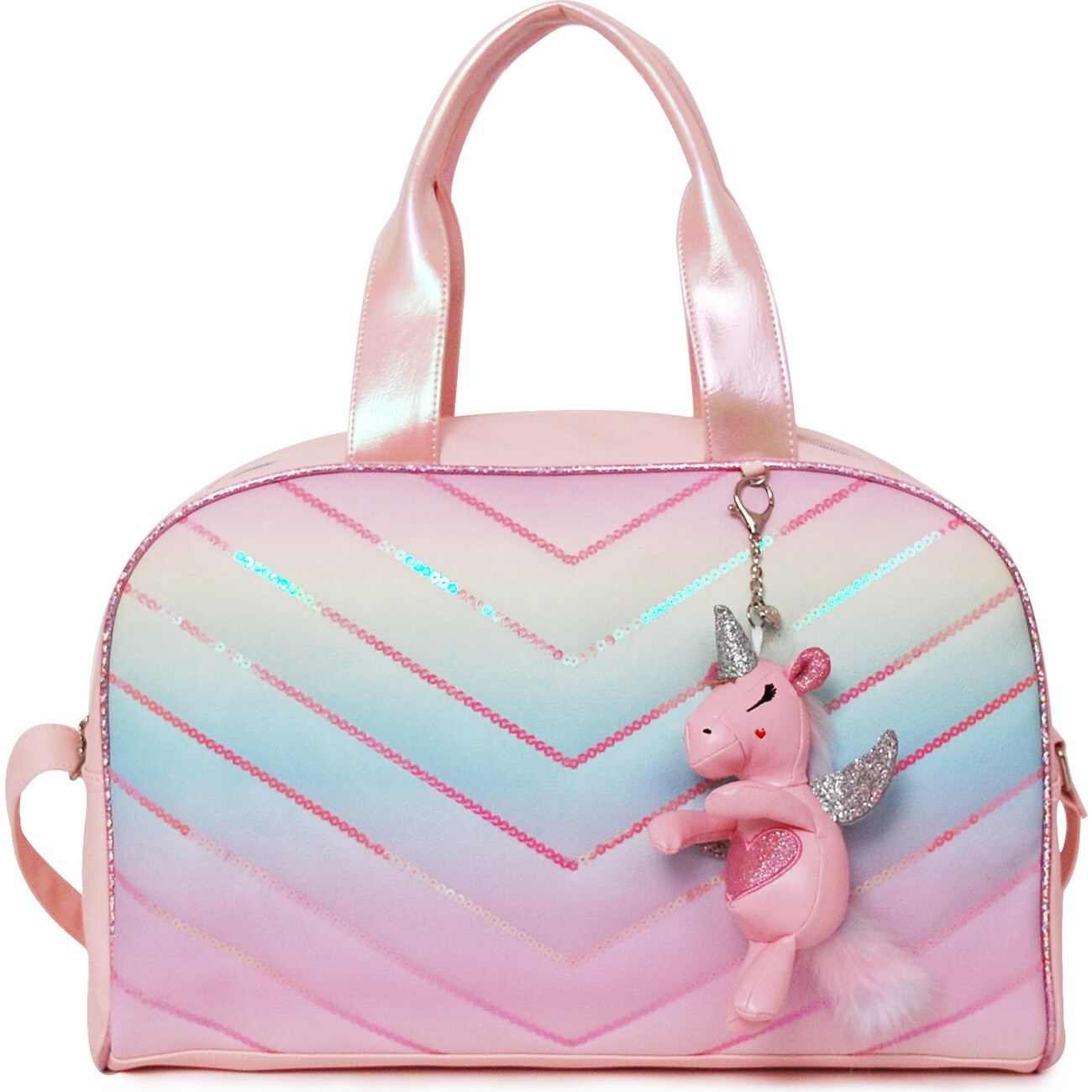 Chevron Quilted Sequins Dome Duffle Bag with a Unicorn Keychain