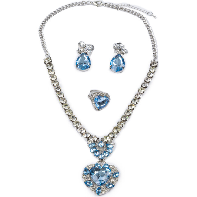 Great Pretenders The Marilyn, Blue and Silver, 4pc Necklace, Ring, and Clip On Earrings Set