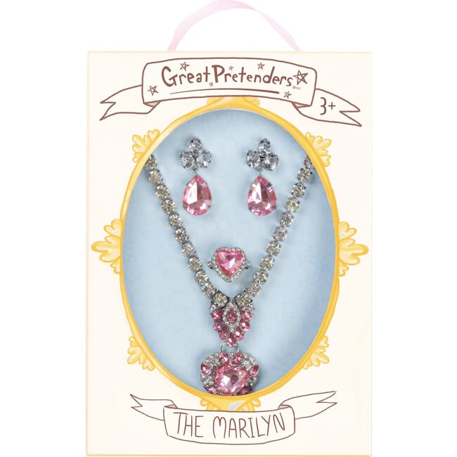 Great Pretenders The Marilyn, Pink and Silver, 4pc Necklace, Ring, and Clip On Earrings Set - Costumes - 2