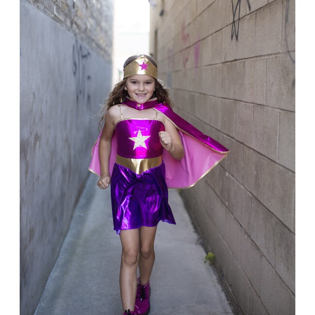 Great Pretenders Superhero Star Dress, Cape and Headpiece, Magenta and Purple, Size 5-6