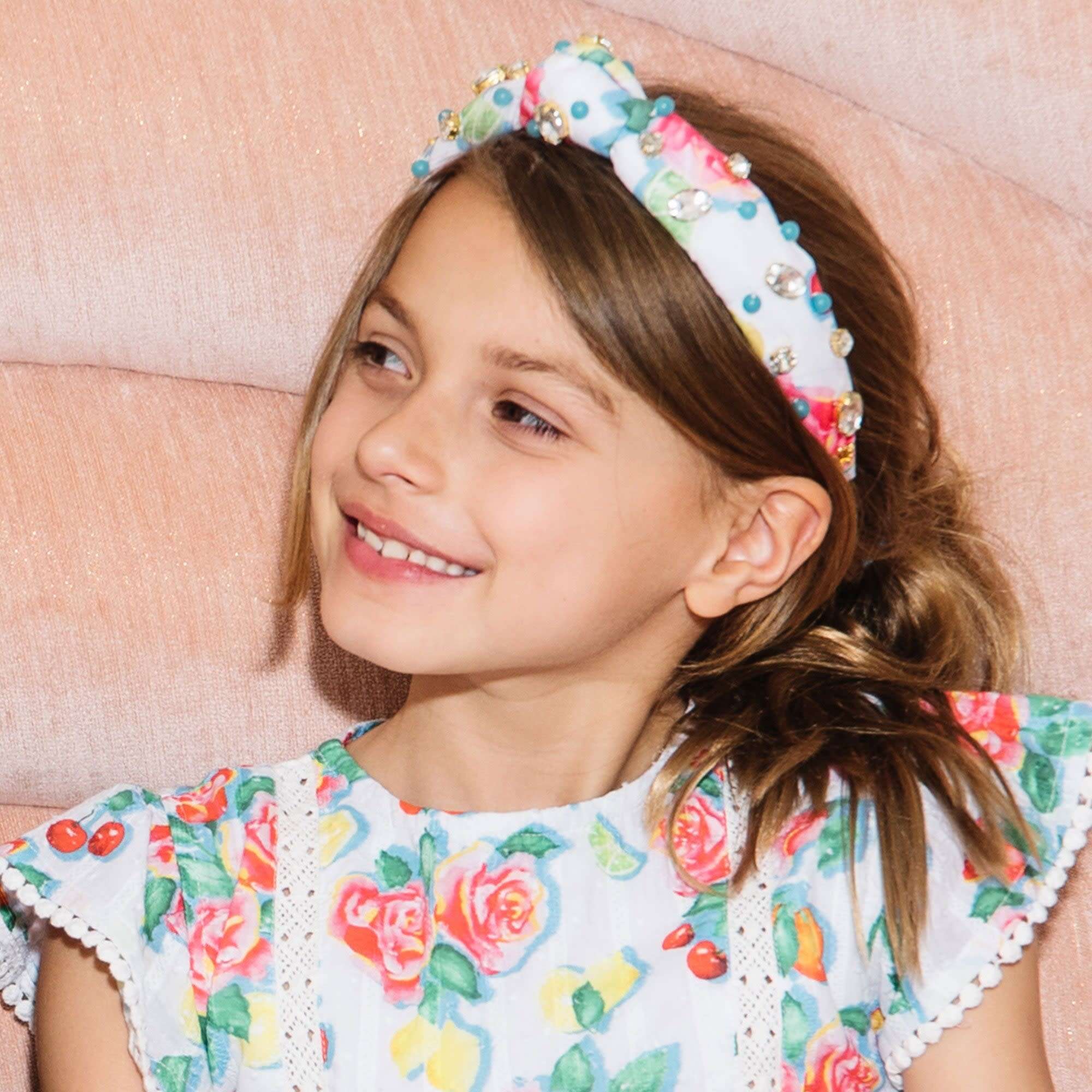 Lele Sadoughi x roller rabbit vinca print bead/crystal knotted headband LELE SADOUGHI LILLY PULITZER CABANA COCKTAIL PEARL AND SHELL  main image 4