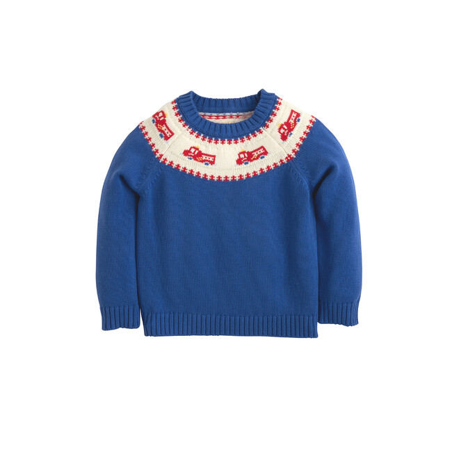 Fire Truck Fair Isle Sweater, Blue - Sweaters - 1