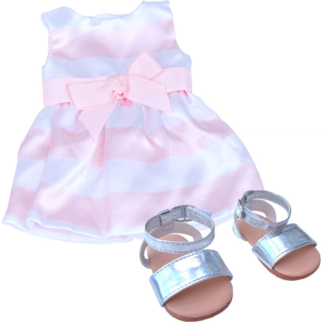 Sophia's by Teamson Kids - 18'' Doll - Stripe Satin Party Dress & Ankle Strap Sandals, Pink/White - Doll Accessories - 1