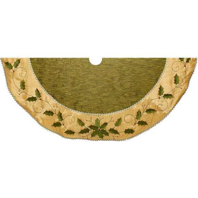 54-Inch Green and Gold Holly Leaves Embroidered Treeskirt - Tree Skirts - 1