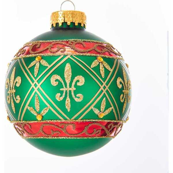 Green Glass Ball Ornament With Red And Gold FleurDeLis Design, 6Piece Box Kurt Adler