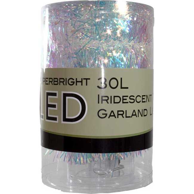 30-Light Battery-Operated Silver and Iridescent Tinsel Garland with Warm White LED Lights - Garlands - 1