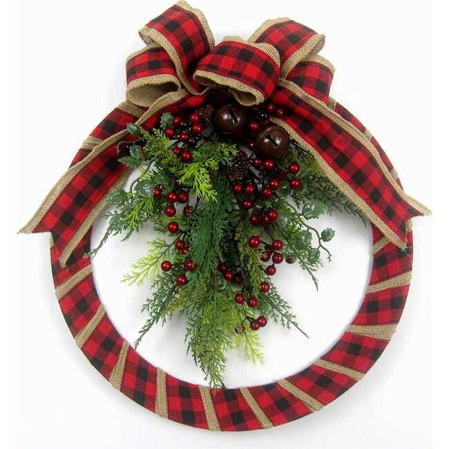 18-Inch Fabric Red Plaid Wreath with Foliage - Wreaths - 1