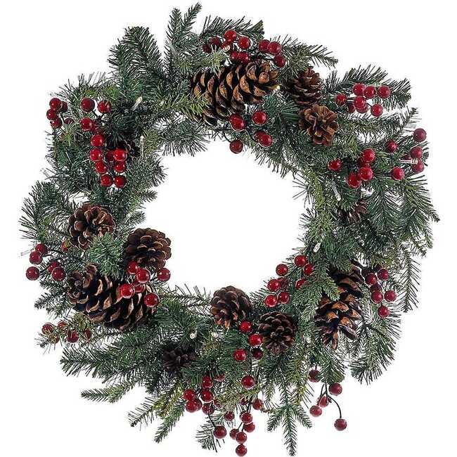 18-Inch Battery-Operated Red Berry Pinecone LED Wreath - Wreaths - 1