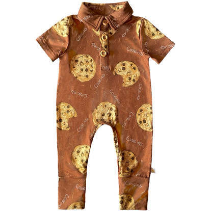 Choco Chip Cookie Short Sleeve Collared Bamboo Footless Romper, Brown