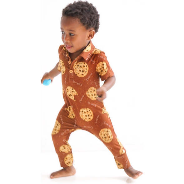 Choco Chip Cookie Short Sleeve Collared Bamboo Footless Romper, Brown