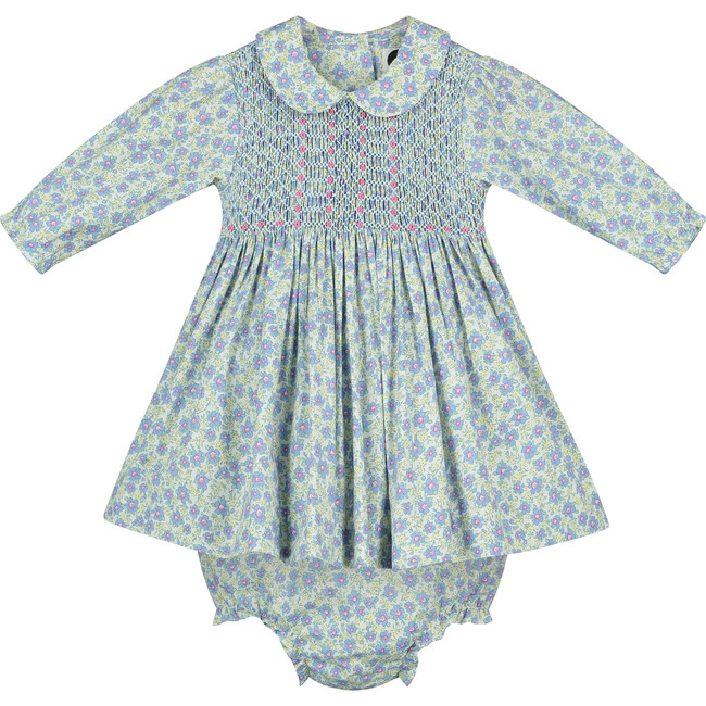 Tiffany Hand-Smocked Baby Dress, Floral, Blue