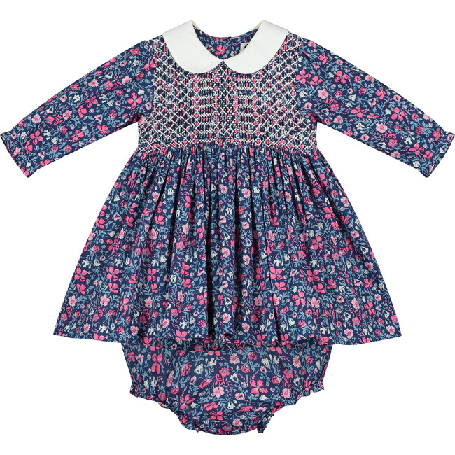 Nina Hand-Smocked Baby Dress, Blue & Pink Floral