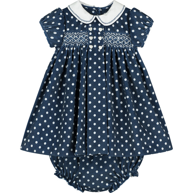 Polly Hand- Smocked Baby Dress, Polka Dot, Navy