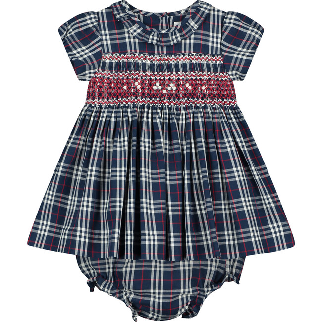 Dido Hand-Smocked Baby Dress, Tartan, Navy