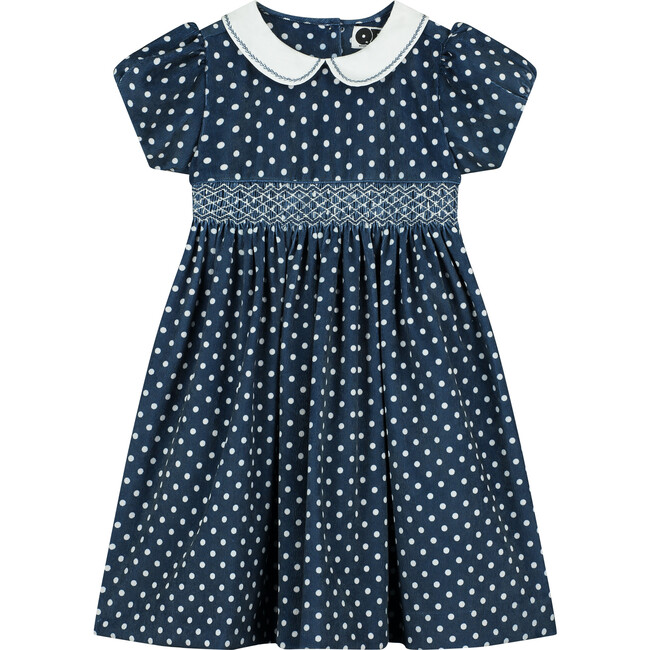 Drew Hand-Smocked Girls Dress, Navy Polka Dot