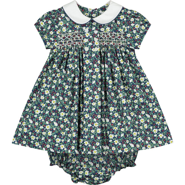 Leah Hand-Smocked Baby Dress, Navy Floral