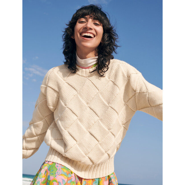 Women's Basket Weave Sweater, Cream - Sweaters - 3