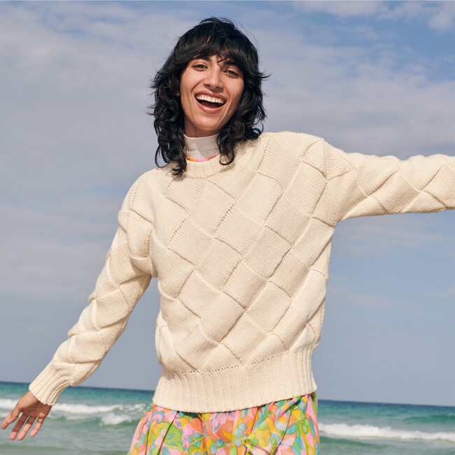 Women's Basket Weave Sweater, Cream - Sweaters - 4