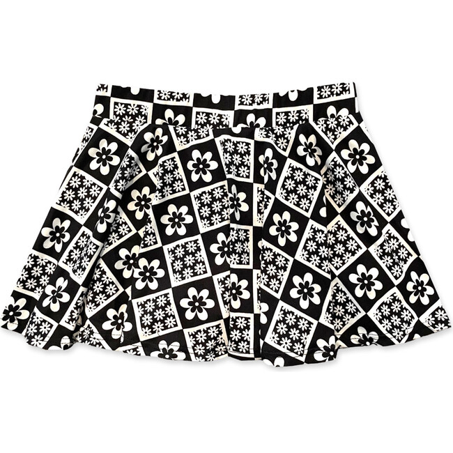 Skort, Black White Floral Checker - Skirts - 1
