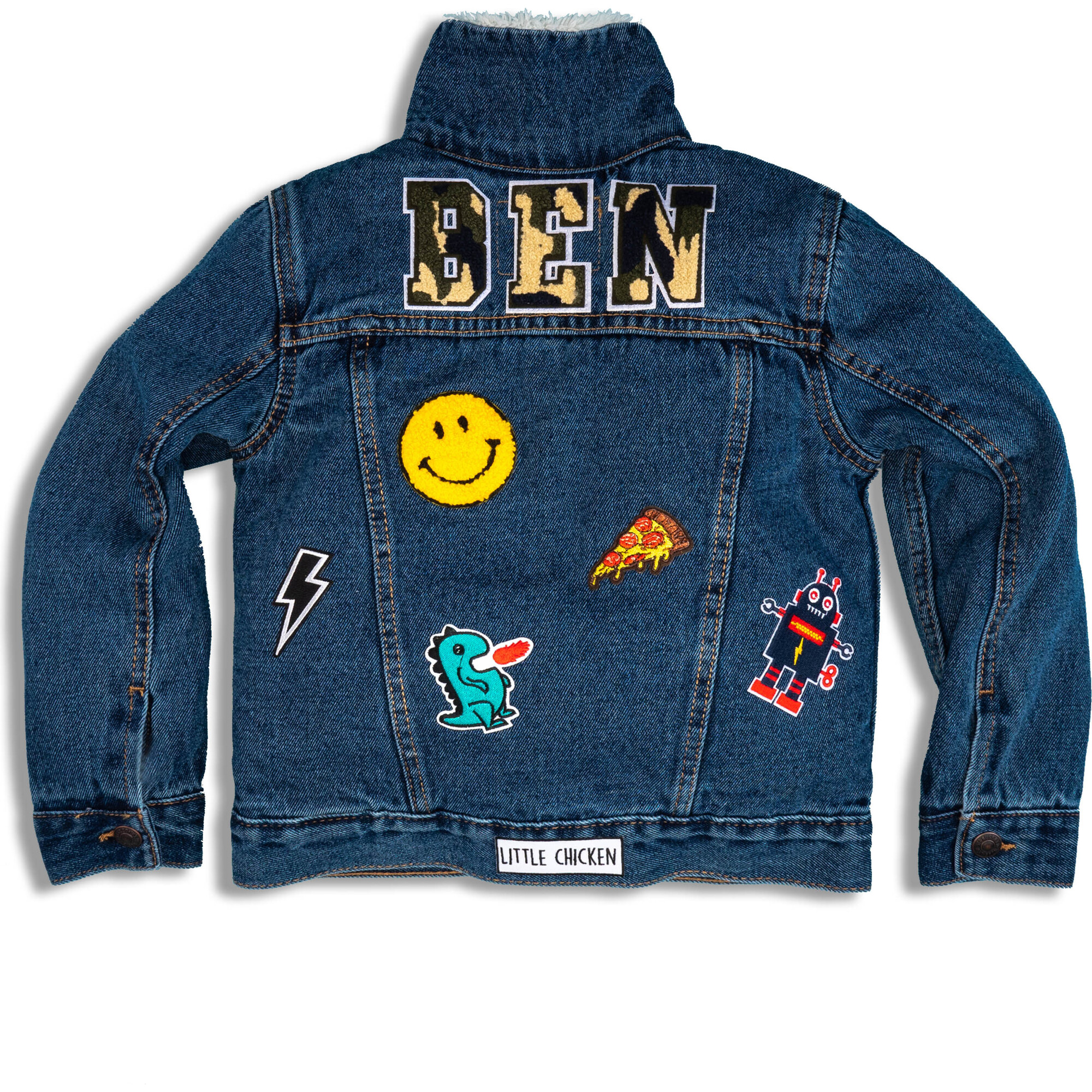 Custom Dark Blue Sherpa Denim Jacket, Camo - Denim Jackets - 1