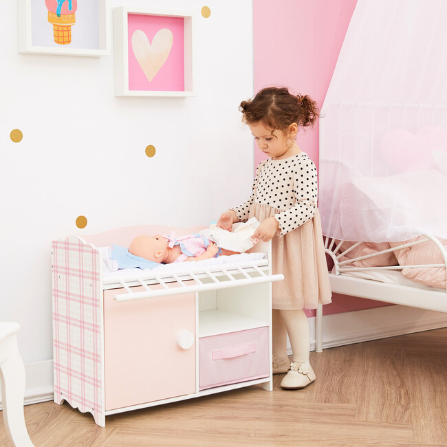 Olivia's Little World - Aurora Princess Pink Plaid Baby Doll Bed with Accessories - Pink