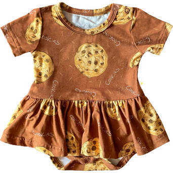 Choco Chip Cookie Short Sleeve Bamboo Twirl Skirt Bodysuit, Brown - Dresses - 1