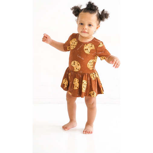 Choco Chip Cookie Short Sleeve Bamboo Twirl Skirt Bodysuit, Brown
