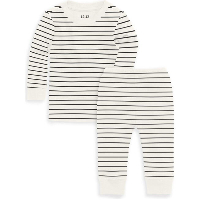 The Organic Long Sleeve Pajama Set, Black & Cream Stripe - Pajamas - 1