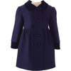 Velvet Trim Coat, Navy - Coats - 1 - thumbnail