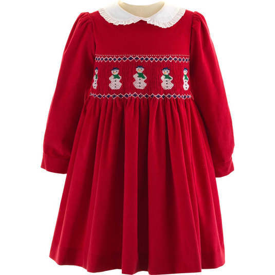 Snowman Smocked Dress, Red