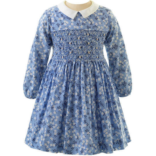 Blossom Smocked Dress, Blue - Dresses - 1