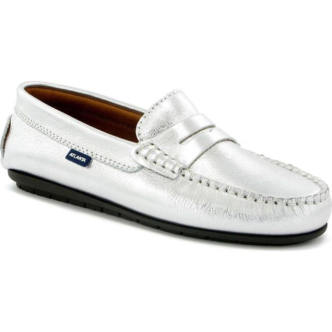 Adult Metallic Leather Penny Moccasins, Silver - Loafers - 1