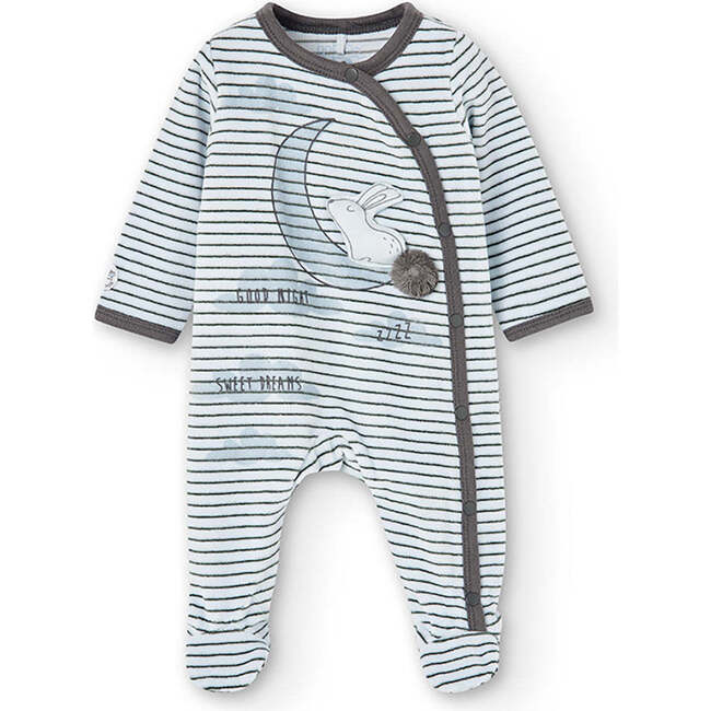 Striped Velour Babysuit, Blue - Bodysuits - 1