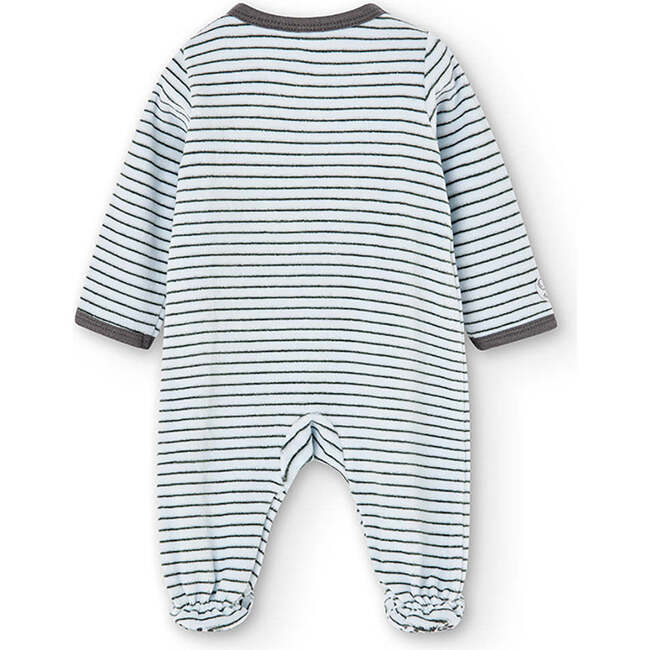 Striped Velour Babysuit, Blue - Bodysuits - 2