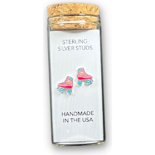 Sterling Silver Skates Earrings in a Bottle, Pink - Earrings - 1
