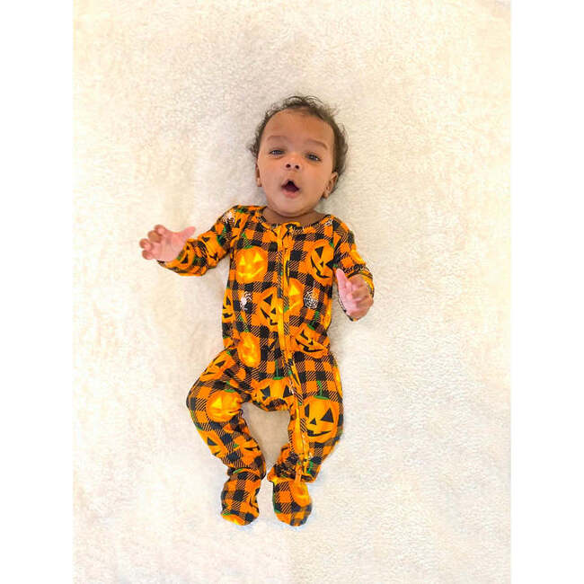 Jack-O'-Lantern Halloween Bamboo Zippered Footed Onesie, Orange - Onesies - 3