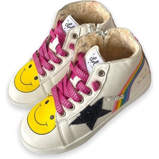 Rainbow Smiley Hi Top Sneaker, White - Sneakers - 5