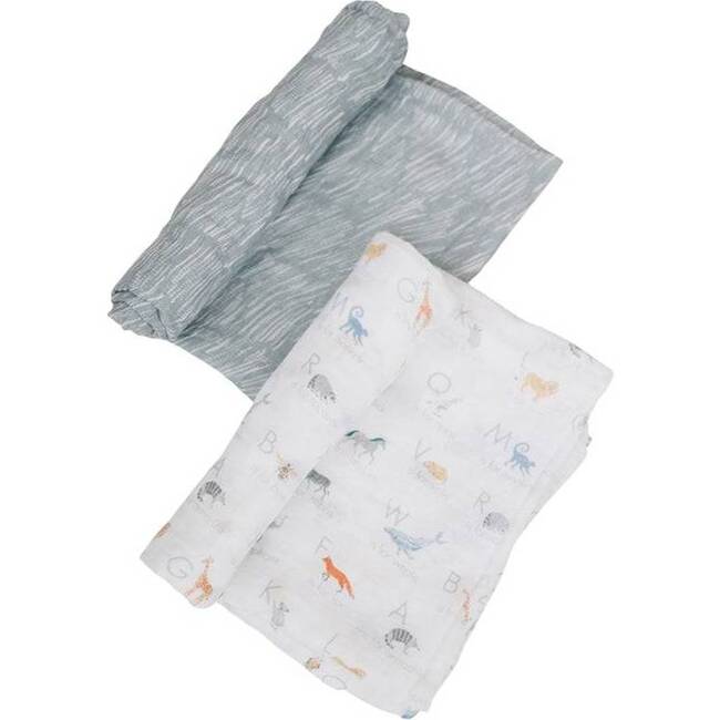 Oh So Soft Muslin Swaddle Blanket Set, Animal Alphabet + Grey Crayon