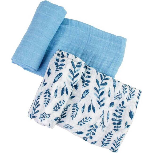 Classic Muslin Swaddle Blanket Set, Blue Leaves + Cornflower
