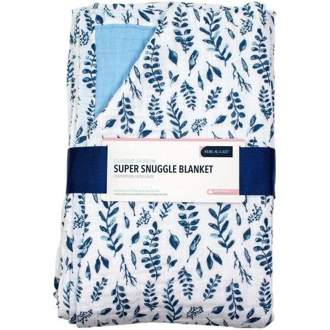 Classic Muslin Super Snuggle Blanket, Blue Leaves + Cornflower - Blankets - 3