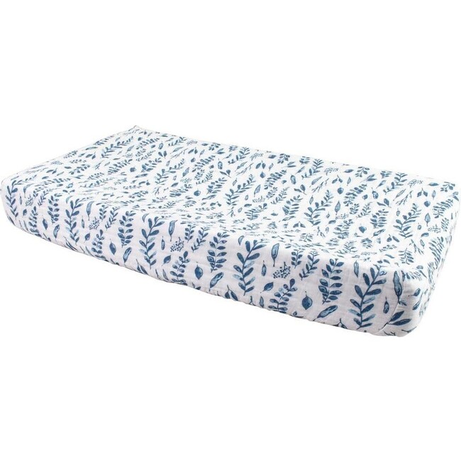 Classic Muslin Changing Pad Cover, Blue Leaves