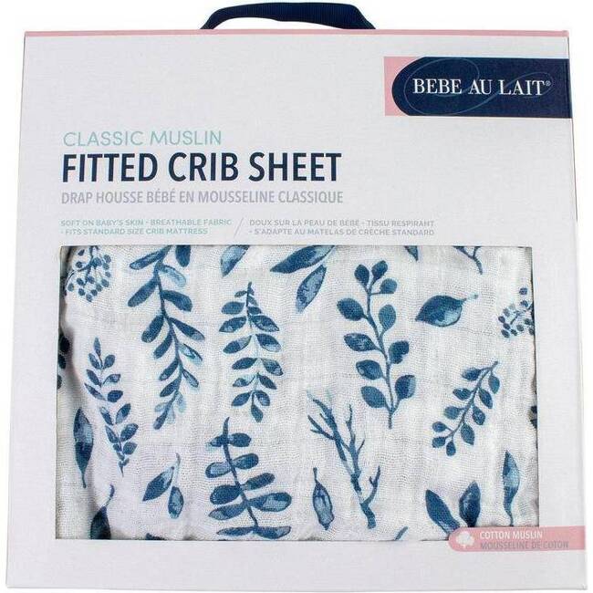 Classic Muslin Crib Sheet, Blue Leaves - Sheets - 4