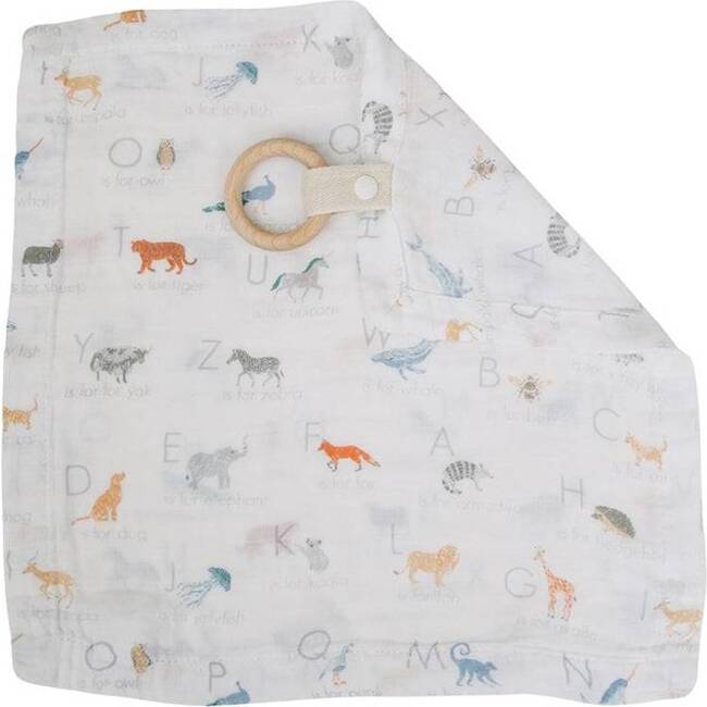 Oh So Soft Muslin Teether Blanket with Wooden Ring, Animal Alphabet