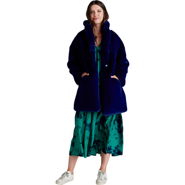 Womens Kate Coat, Navy Faux Fur