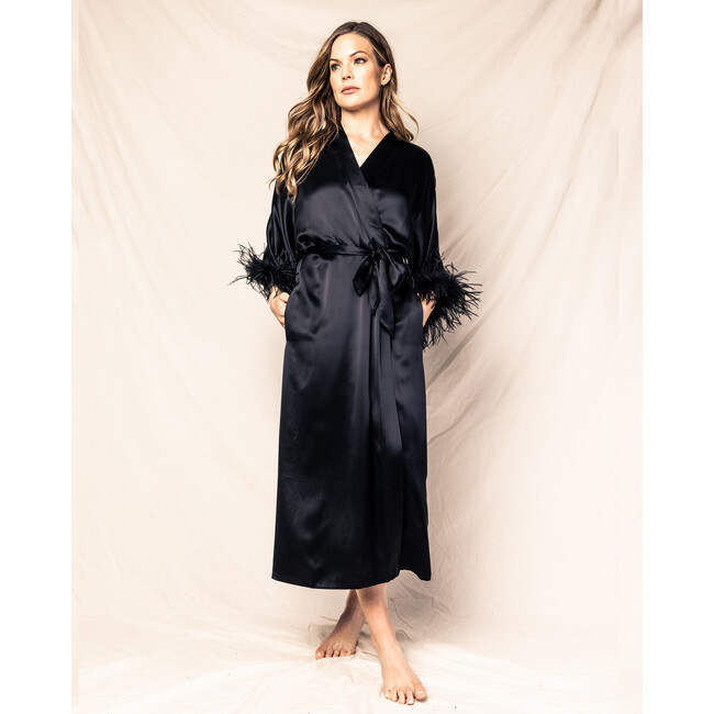 Women's Silk Robe with Feathers, Black