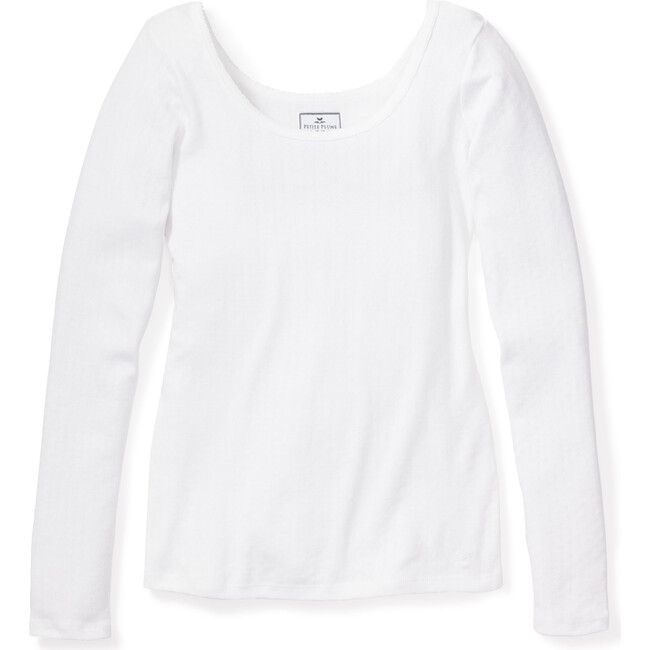 Women's Long Sleeve Pointelle Top, White - Loungewear - 1