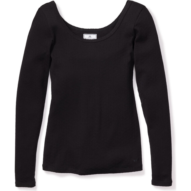 Women's Long Sleeve Pointelle Top, Black - Loungewear - 1