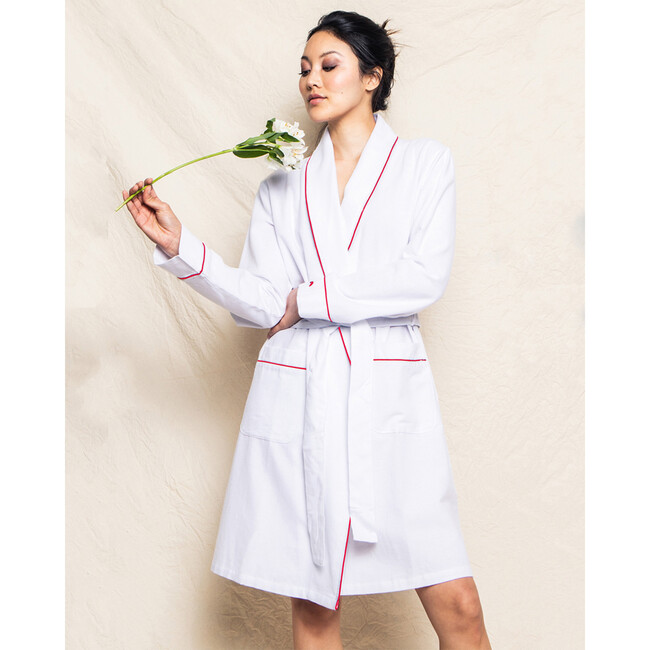 Women's Flannel Robe, White with Red Piping - Robes - 3