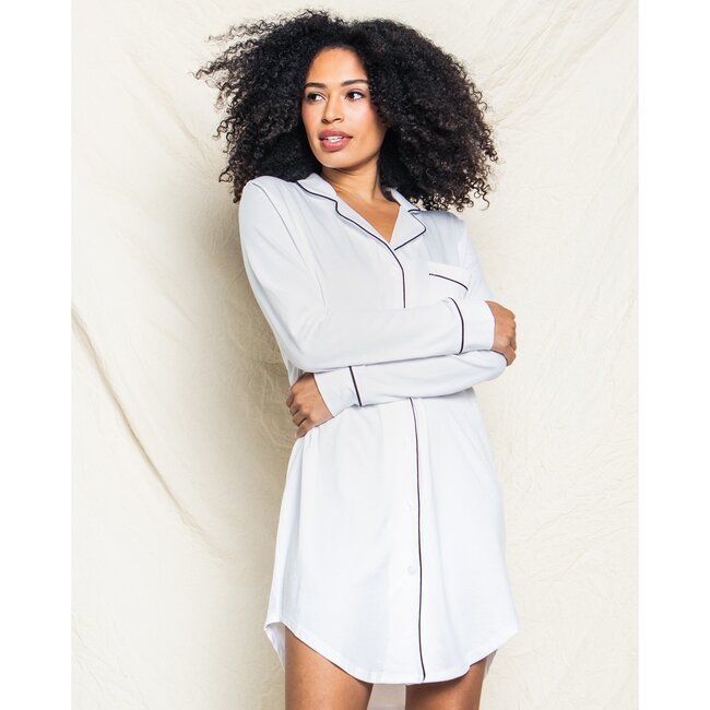 Women's Luxe Pima Cotton Nightshirt, White with Black Piping - Nightgowns - 5