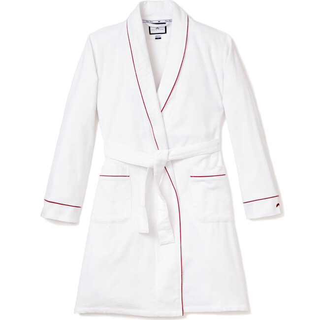 Men's Flannel Robe, White with Red Piping